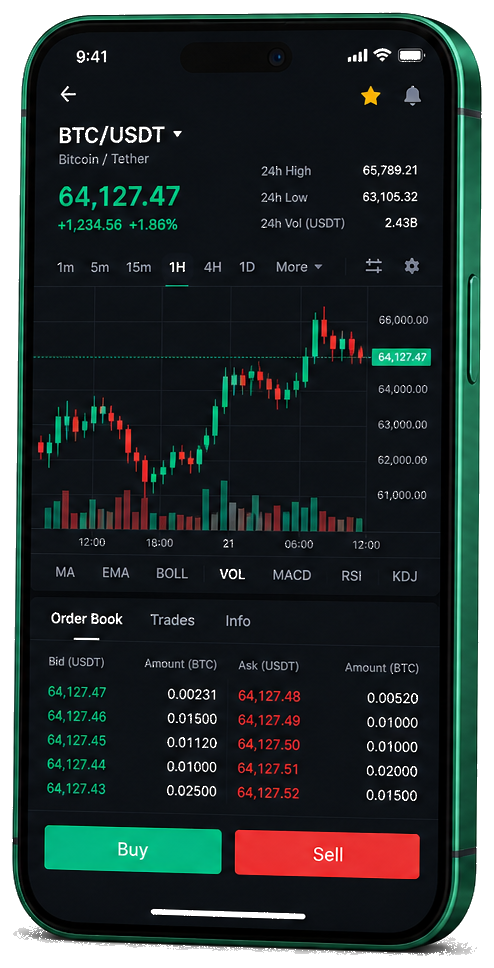 Application mobile QubiTrade AI — graphique BTC/USDT en direct, carnet d’ordres et outils de trading